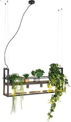 Produktbild von QAZQA - Industrie I Vintage I Industrie I Vintage I Hängelampe I Pendellampe I Pendelleuchte schwarz mit Holz und Gestell 4-flammig - Cage Rack - Stahl Länglich - LED geeignet E27