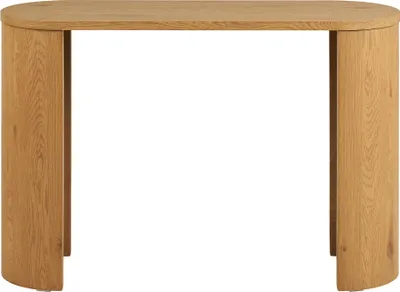 A wooden console table with a rounded top and curved legs, presented against a white background.