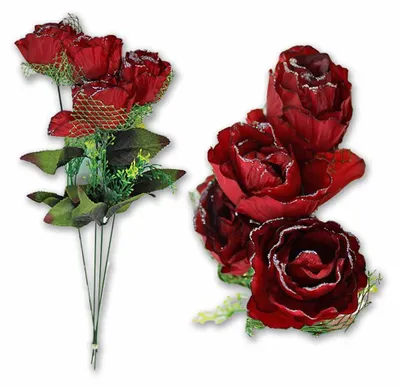 Produktbild von 4 Stück Rose Plastik dunkelrot mit Glitzer und Grünschmuck - ca. 51 cm