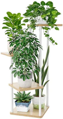 Image de Support à plantes Ibenzoa® à 4 niveaux – Métal et bois, blanc, 45 x 30 x 80 cm, étagère à fleurs pour intérieur et extérieur