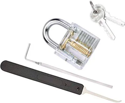 Produktbild von Famanu Lockpick Übungsset für Anfänger und erfahrene Schlosser - Transparentes Vorhängeschloss mit Haken und Druckschlüssel