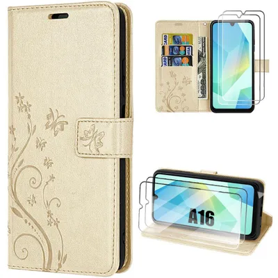 Image de Coque + 2 Verres Trempés pour Samsung Galaxy A16 4G/5G, Protection Rabat Anti-Rayures Synthécuir Motif Papillon Doré