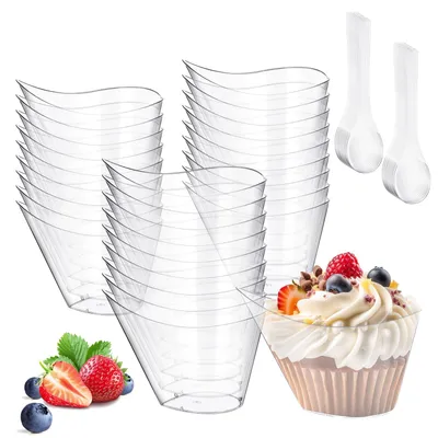 56 Dessertbecher mit Löffeln, 200 ml, transparent, rund, wiederverwendbar