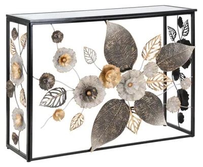 Image de Console Glam Dark 111,8 X 41,9 X 80 Cm - Meuble D'Entrée En Métal Noir Avec Plateau Miroir Et Décorations Florales - Style Glamour Et Moderne