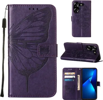 Produktbild von Lederhülle für Tecno Pova 5 LH7N Schmetterling Prägung Flip Ledertasche Kartenfächer Handyhülle mit Ständer Lila
