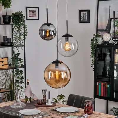 Produktbild von Fossobiubo Hängelampe aus Metall/Glas in Schwarz/Bernsteinfarben/Rauchfarben/Klar