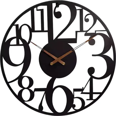 A black metal wall clock with a modern, minimalist design featuring large, cut-out numbers and thin, wooden hands.