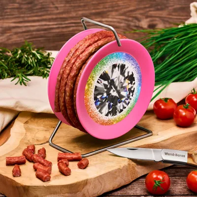 Produktbild von Snack Wurst auf pinker Mini-Kabeltrommel - Modell Diamant - 3,5 Meter 240 g