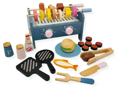 Immagine prodotto di Barbecue in legno Kabi per bambini – Set da gioco da 35 pezzi (legno naturale, 2 bruciatori, griglia rimovibile, accessori per barbecue e alimenti) – Gioco di ruolo a partire dai 3 anni, e EN-71