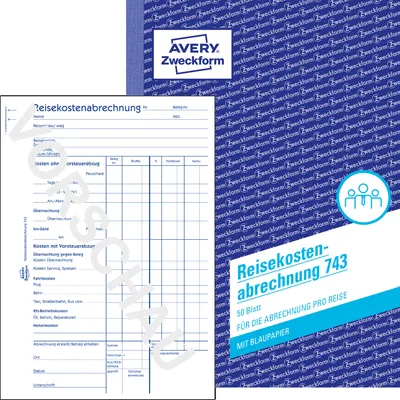 Produktbild von Avery Zweckform 743, Reisekostenabrechnung, für Abrechnung pro Reise, A5, mit Blaupapier, 50 Blatt