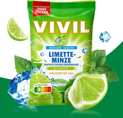 Produktbild von Vivil Erfrischungsbonbons Limette Minze ohne Zucker mit Vitamin C 120g