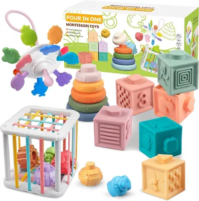 Produktbild von Babyspielzeug – 4-in-1 Montessori-Babyspielzeug – Motorikspielzeug – Stapelturm – Stapelblöcke – Motorikkubus