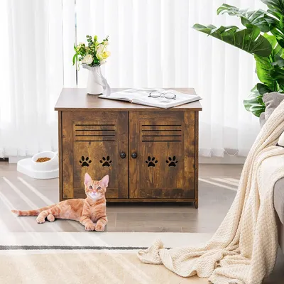 Produktbild von COSTWAY Cat Cabinet Litter Box, Cat Den s 2 dveřmi a vchodem, Cat House Litter Box Cabinet, pro kočky psy Pet, Pet Box Pet Crate Vintage Brown