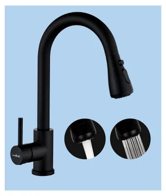Produktbild von Küchenarmatur Ausziehbar, Hochdruck Wasserhahn mit Herausziehbarer Brause und 3 Funktionen 360° Drehbar, Küchenarmatur mit Zwei Sprühfunktionen (Schwarz)