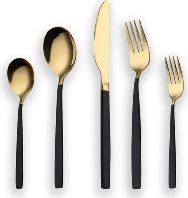 A set of five pieces of cutlery with black handles and gold-colored heads, arranged in a line against a white background.