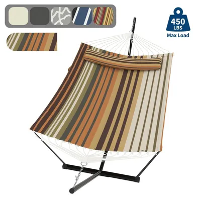 Produktbild von Doppel-Hängematte mit Gestell - 2 Personen Gartenhängematte - Abnehmbares Kissen - Balance-Seil - Belastbar bis 200 kg - Coffee stripe