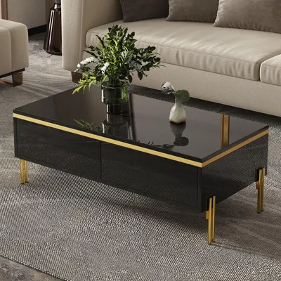Image de Table basse brillante Merax avec 2 tiroirs et éléments décoratifs dorés, table de salon avec pieds métalliques, meuble de salon multifonctionnel, noir