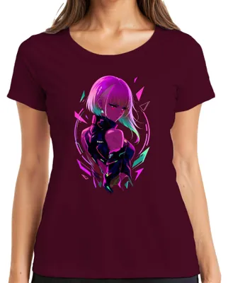 Zdjęcie produktu dla Koszulka damska z motywem neonowym, cyberpunkowym, anime, przedstawiająca cyborg, w stylu science fiction, inspirowana Japonią i estetyką Y2K, w stylu mangi, dla fanów anime, kolor burgundowy, rozmiar XL