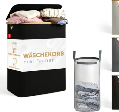 A product shot of a black laundry basket with three compartments, featuring text and graphics. Several other laundry baskets in different colors are visible on the right side of the image.