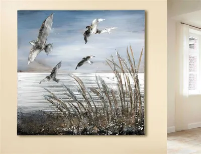 Produktbild von Gilde Gemälde "Vogelschwarm" handgemalt sandfarben, grau, blau Breite 100,0 cm Höhe 100,0 cm 38881