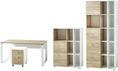 Produktbild von Büromöbel-Set GENT-01 Bücherschrank Aktenschränke in Navarra Eiche Nb. und weiß mit Schiebetüren BxHxT: 170x197x40cm