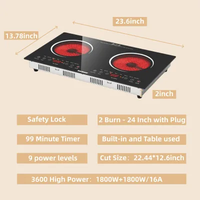 Imagen del producto de Placa de cocina vitrocerámica empotrable - Control táctil - 2 zonas de cocción - 220-240 V - Vidrio cerámico