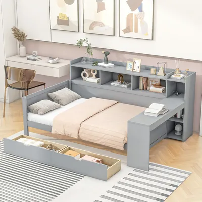 Produktbild von okwish Schlafsofa Daybett 90x200cm mit Lattenrost, Tagesbett Kinderbett mit Nachttischablage und Untertischablage, Bett mit Steckdose und USB-Anschluss, 2 Schubladen, Schreibtisch, ohne Matratze, Spanplatte, Grau