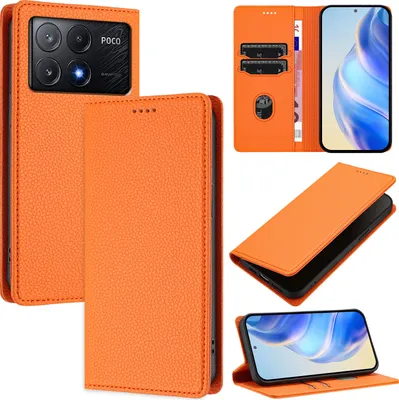 Produktbild von Litchi Leder Handyhülle für Xiaomi Poco X6 Pro/Redmi K70E Wallet Kartenfächer Standfunktion Hülle Orange