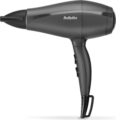 A studio shot of a gray BaByliss hair dryer on a white background.