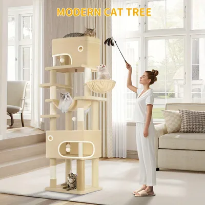 Obrázek produktu pro Kočičí strom – Škrabadlo – Lezecká tyč – Hrací tyč – Místo k odpočinku – Béžová barva – Výška 203 cm
