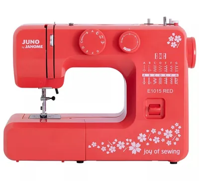 A red sewing machine is shown from a front-side diagonal view against a white background.