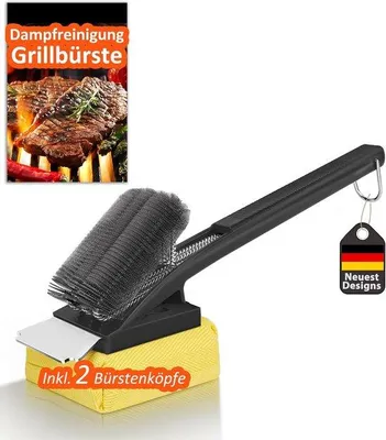 Produktbild von Grillbürste mit Dampfreinigungsaufsatz, Edelstahlborsten, Edelstahl-Abkratzer und extra langem, hitzebeständigem Griff für alle Grilltypen – Schwarz