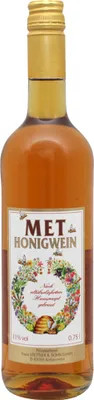 A bottle of Met Honigwein (mead) against a white background.