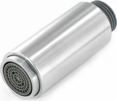 A close-up studio shot of a faucet aerator with a chrome finish.