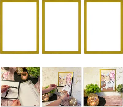 A collage of images showing a gold picture frame, how to attach it to a wall, and the final decorated product with plants and candles.
