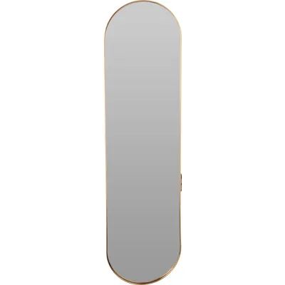 A full-length oval mirror with a gold frame, presented against a white background.