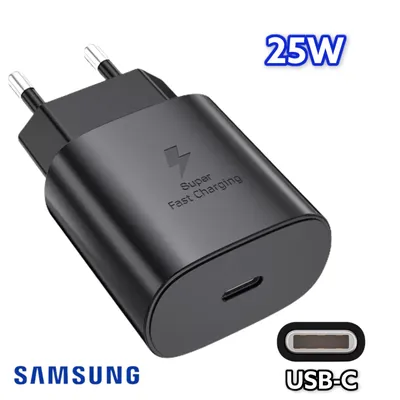 A black Samsung Super Fast Charging 25W USB-C charger.