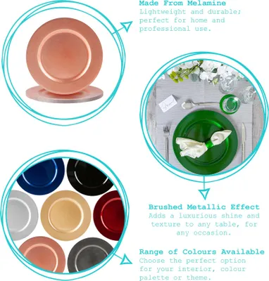Collage showing various colors and textures of charger plates, with text descriptions.