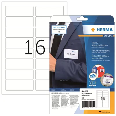 Produktbild von HERMA 4515 Namensetiketten ablösbar, 20 Blatt, 88,9 x 33,8 mm, 16 pro A4 Bogen, 320 Stück, selbstklebend, bedruckbar, rückstandsfrei abziehbare Acetatseide Namensaufkleber Etiketten, weiß
