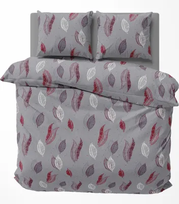 A bedding set with a leaf pattern on a gray background.