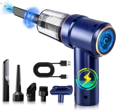 A blue cordless handheld vacuum cleaner with various attachments, a USB charging cable, and a charging base, displayed on a white background.