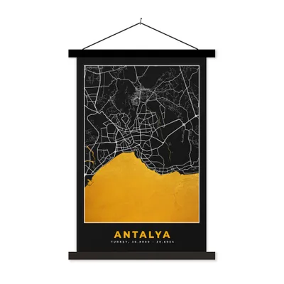 Produktbild von MuchoWow® Textilposter Antalya - Stadtplan - Gold - Karte 120x180 cm mit schwarzem Rahmen - Fotos