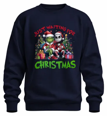Immagine prodotto di Just Waiting For Christmas Grinch Jack Skellington Santa lustig Unisex Felpa Pullover, Navy, M