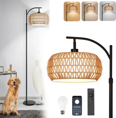 Produktbild von Rattan Stehlampe Boho Dimmbar Stehleuchte mit 12W E26 Glühbirne,Standleuchte 3 Farb,APP,Fernbedienung und Fußschalter,Doppel-Lampenschirm Leselampe