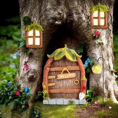 Image de Porte de fée décorative pour jardin - Feuille de résine - Lumineuse dans le noir - Lot de 4 - Pour jardin et arbre