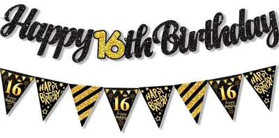 Produktbild von Girlande 16. Geburtstag Happy Birthday Banner Schwarz Gold 2er Set