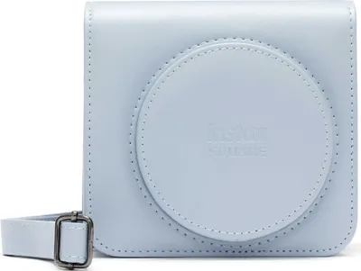 A light blue camera case with a strap.