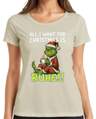 Productafbeelding van Het enige wat ik voor Kerst wil is dit "Ruhe Weihnachtsgrinch" dames T-shirt, in de kleur natuur, maat M
