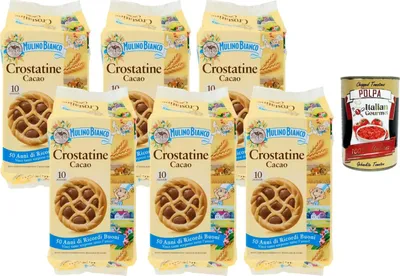 Produktbild von Mulino Bianco Crostatine Cacao 6x400g – Italienische Kakaotartelettes ohne Palmöl, knuspriger Mürbeteig, ideal für Frühstück & Snack + Italian Gourmet Polpa