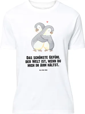 Produktbild von Mr. & Mrs. Panda Größe L T-Shirt Pinguine Kuscheln - Weiß - Geschenk, Mitbringsel, Shirt, Hochzeitstag, Freundin, Tshirt, Valentinstag, für Frauen, Partner, mit Spruch
